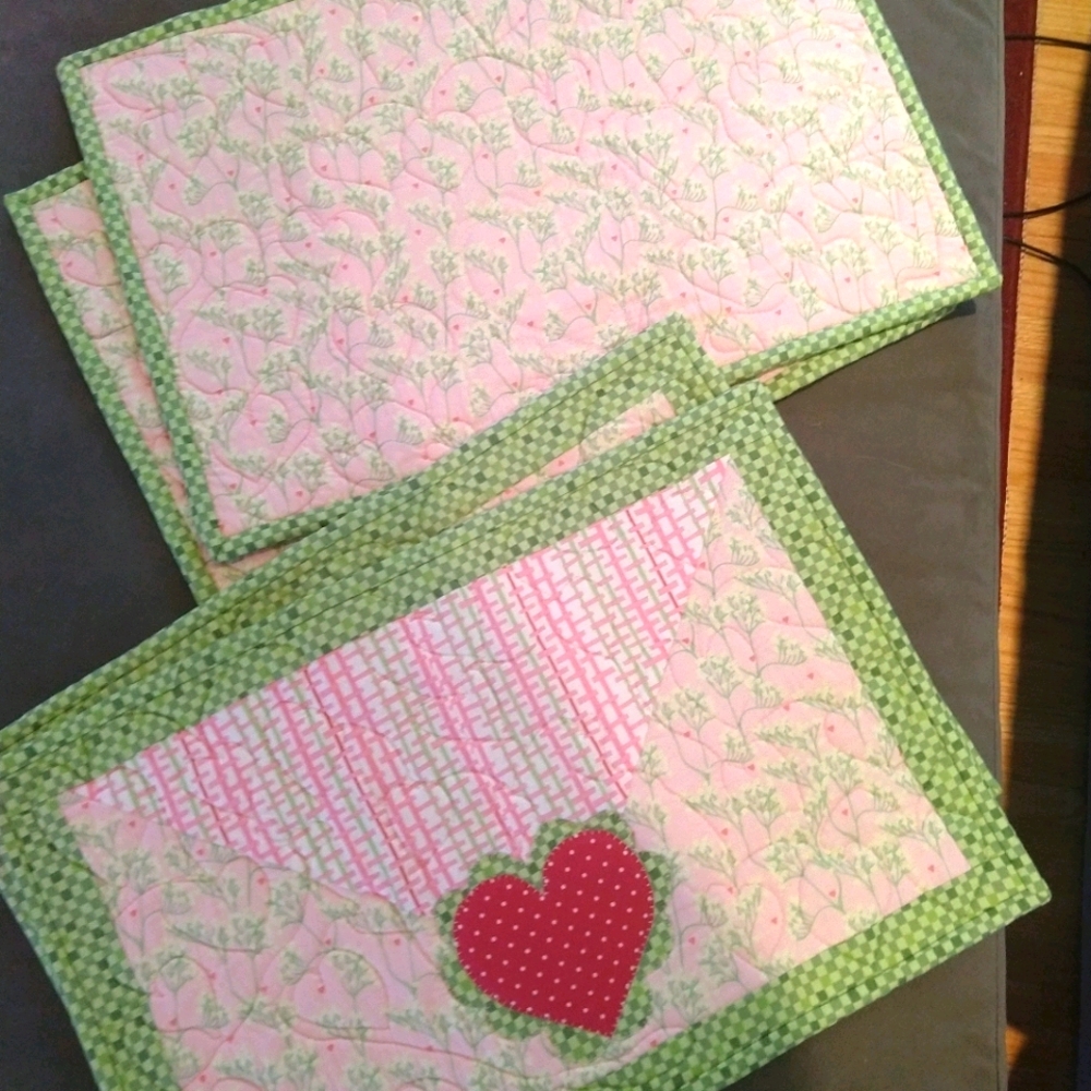 Set of 4 Handmade Valentine's Day Heart Flower Double Sided Placemats